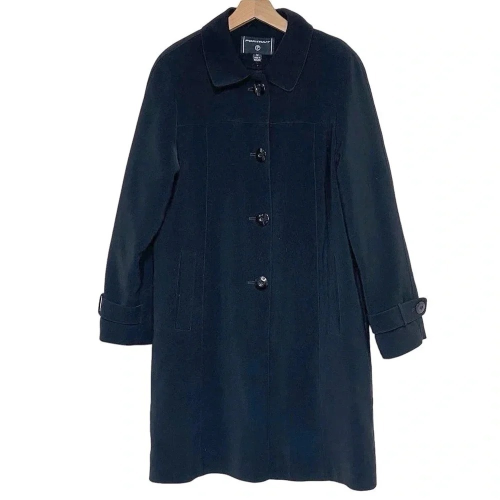 Portrait Black Button Front‎ Car Coat Womens Medium Mid Length Lined Jacket
